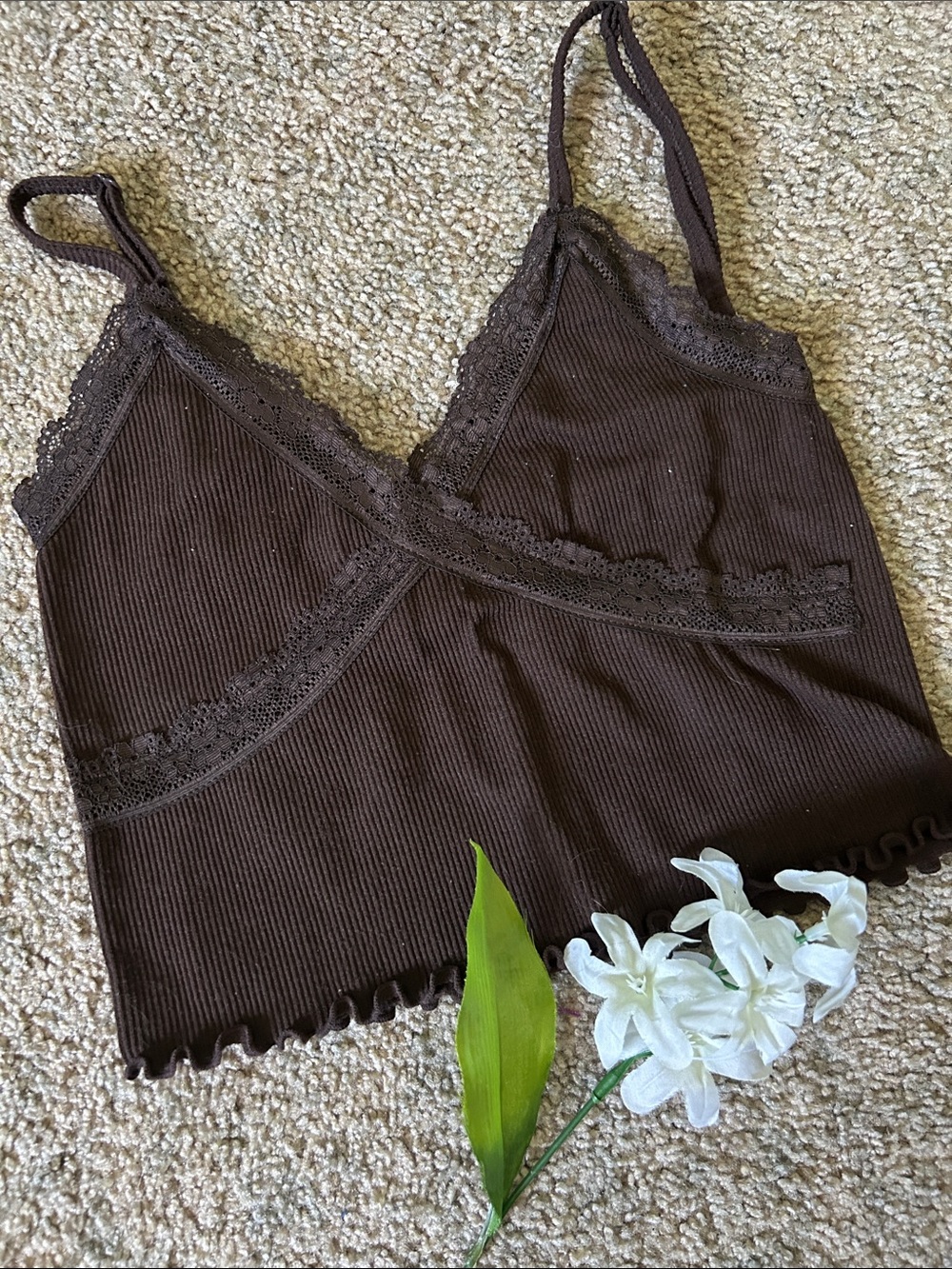 Women's Brown Lace-Trim Cami Top